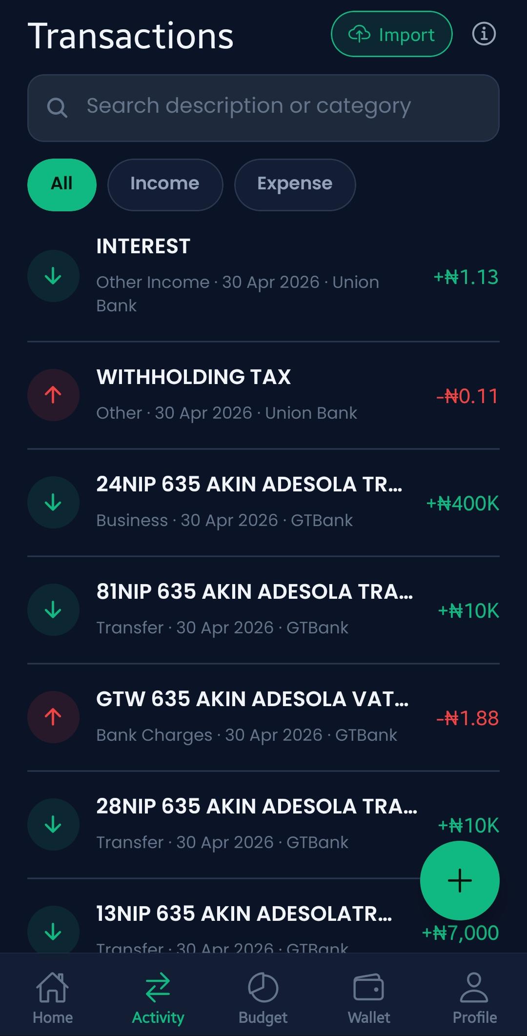 Imported transactions on Automonie